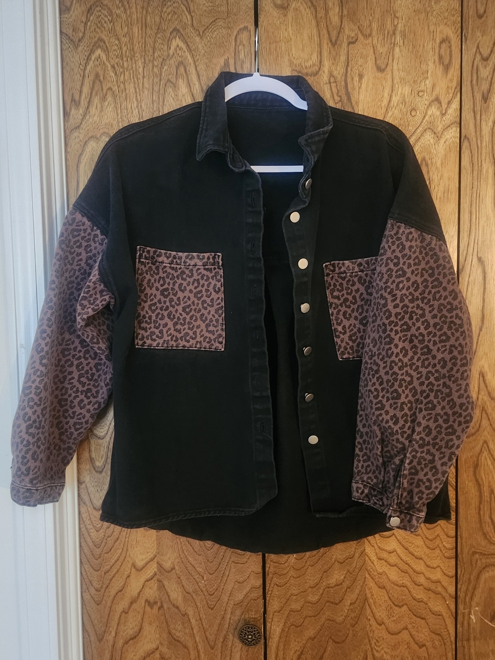 Women’s Black Jacket with Leopard Print Accent